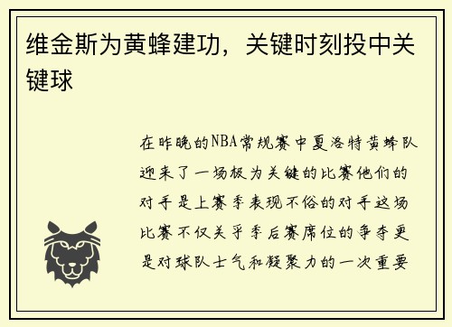 维金斯为黄蜂建功，关键时刻投中关键球